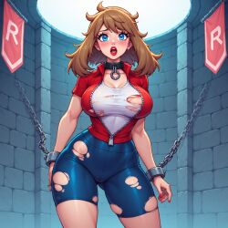 ai_generated big_breasts bike_shorts blue_eyes blush breasts brown_hair brunette_hair captured_heroine chains collar cuffs defeated_heroine dungeon dungeon_bondage female female_focus female_only large_breasts looking_at_viewer may_(pokemon) open_mouth pokemon red_lips red_lipstick ripped_clothing tank_top team_rocket unzipped white_tank_top