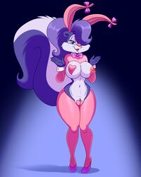 2020 4:5 anthro areola blue_sclera breasts bunny_costume clitoris clothing costume crotchless_clothing erect_nipples fake_ears fake_rabbit_ears female fifi_la_fume fur genitals half-closed_eyes hi_res high_heels lonbluewolf looking_at_viewer maebari mammal mephitid multicolored_body multicolored_fur narrowed_eyes nipples one_eye_obstructed open_mouth pasties pasties_peeling_off plump_labia purple_body purple_eyes purple_fur pussy pussy_peek reverse_bunnysuit skunk solo tiny_toon_adventures tongue two_tone_body two_tone_fur warner_brothers white_body white_fur