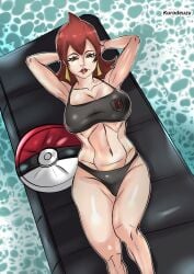 1girls ariana_(pokemon) breasts dress female huge_breasts kurodeuzu lipstick murkrow nail_polish nipple_outline pokemon pokemon_hgss red_hair red_lipstick red_nails team_rocket