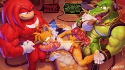 3boys abs anal_sex balls ballsack blowjob blue_eyes bulge canine canine_genitalia canine_penis computer crocodile cum cum_in_ass cum_in_mouth cum_inside cum_on_body cum_on_leg cum_on_legs cum_on_penis dominant dominant_male echidna feet foot_fetish foot_play fox gloves green_body green_text half-closed_eyes handwear headphones knot knuckles_the_echidna laptop male male/male male/male/male male_only marking_territory minivoid monotreme muscular muscular_male oral oral_sex orange_eyes peeing peeing peeing_on_another peeing_together penis pissing_on_another puffed_cheeks purple_eyes red_body red_fur red_text reptile scales size_difference sonic_(series) sonic_the_hedgehog_(series) spitroast stomach_bulge submissive submissive_male sweat sweating tails tails_the_fox text text_bubble threesome urine urine vector_the_crocodile veiny veiny_penis violet_eyes voidlesky white_fur white_gloves white_handwear yellow_body yellow_fur