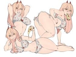 1girls armpits ass breasts chainsaw_man female horns kamii_momoru lingerie lingerie_only long_hair looking_at_viewer multiple_views orange_eyes panties partially_clothed pizza power_(chainsaw_man) sexy sharp_teeth smile solo_female thighs trying_on_clothes