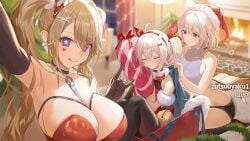 3girls :q ahoge arm_up armpits azur_lane bare_shoulders bell between_breasts black_gloves black_shorts blonde_hair blue_eyes box breasts cg choker cleavage closed_eyes closed_mouth crop_top elbow_gloves facial_mark fireplace fur_trim gift gift_box gloves guam_(azur_lane) hair_ornament hairband hat heart indoors laffey_(azur_lane) laffey_ii_(azur_lane) large_breasts leotard long_hair looking_at_viewer micro_shorts midriff multiple_girls official_art purple_eyes red_headwear red_leotard san_jacinto_(azur_lane) santa_hat selfie shirt short_hair short_shorts shorts sitting sleeping sleeveless sleeveless_shirt smile star_(symbol) symbol-shaped_pupils thighhighs tongue tongue_out twintails v white_hair