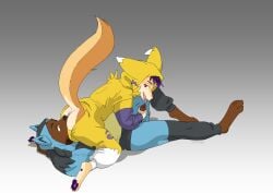 absurd_res anal anthro anus bandai_namco barbell_piercing bear bearphones belly big_belly black_hair black_nose brown_body brown_fur brown_penis canid canine circular_barbell_piercing clothed clothing digimon digimon_(species) dubsthefox duo erection facial_piercing fangs fennec_fox fox fur generation_4_pokemon genitals gradient_hair hair handjob head_tuft hi_res humanoid_genitalia humanoid_penis lucario lying male male_anthro mammal messy_hair multicolored_hair nintendo nononge nose_piercing on_back onesie open_mouth oral orange_body orange_eyes orange_fur pawpads penile penis piercing pink_anus pink_tongue pokemon pokemon_(species) purple_eyes purple_hair purple_pawpads renamon rimming septum_circular_barbell septum_piercing sex side_view tan_body tan_fur teeth tongue true_fox tuft two_tone_hair white_body white_fur