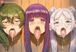 3girls after_oral ai_generated blue_eyes blush blush blush_lines cum cum_in_mouth cum_on_face cum_on_hair cum_on_tongue earrings female female_focus female_only fern_(sousou_no_frieren) frieren frieren_beyond_journey's_end glory_hole glory_hole glory_wall green_eyes green_hair large_tongue lucakp patreon patreon_link patreon_logo patreon_url patreon_username purple_eyes purple_hair sousou_no_frieren tagme teeth tongue tongue_out ubel_(sousou_no_frieren) white_hair