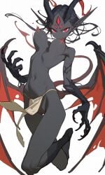 ai_generated bouncing_breasts claws dark_grey_skin demon demon_girl grey_skin horns loincloth mostly_nude nipples pointy_ears pussy red_nipples sharp_eyes small_breasts solo tail topless wings