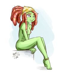 2015 anklet anklewear barefoot casual equestria_girls female friendship_is_magic green_skin headscarf hippie human my_little_pony nudist pale_skin ponut_joe red_hair shameless sitting tree_hugger_(mlp)