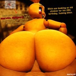 1boy 1girls 3d 3d_render ambiguous_penetration animatronic ass ass_focus big_ass dialogue female five_nights_at_freddy's five_nights_at_freddy's_2 fnaf from_behind from_behind_position huge_ass large_ass looking_back masteryorg0 robot robot_girl text toy_chica_(fnaf)