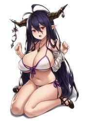 ahoge bandaged_arm bandages bangs bare_legs bare_shoulders bent_knees bikini bow bra breasts brown_bow brown_footwear clavicle cleavage clothing crescent danua demon_girl demon_horns draph draph_race_(granblue_fantasy) ear female female_only footwear front-tie_top full_body granblue_fantasy hair_between_eyes hands_up high_resolution horn_ornament horns houtengeki huge_breasts jewelry large_breasts legs loli_face_and_big_boobs long_ears long_hair looking_at_viewer navel necklace open_mouth pantsu pointed_ears purple_hair red_eyes shoe_bow shoes side-tie_bottom simple_background sitting solo stomach summer_drifter swimsuit teeth thighs tsurime underwear upper_teeth very_long_hair wariza white_background white_bikini white_swimsuit