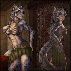 2025 5_fingers abs anthro anus areola armor armored_skirt athletic athletic_anthro athletic_female bed blue_body blue_eyes blue_fur blue_hair blue_spots bottomwear bra_armor breasts carpet_on_wall chest_tuft claws cleavage clothed clothing countershade_face countershade_fur countershade_torso countershading cracked_mirror detailed_background digital_media_(artwork) felid female female_anthro fingers fur furniture genitals grey_body grey_fur grey_hair hair hand_above_breast hand_on_hip hi_res inner_ear_fluff inside khajiit leopard_spots looking_at_mirror looking_at_object looking_at_self m'ria_(maks_hunt) mammal microsoft mirror mirror_reflection navel nimari pantherine pillow pussy reflection signature skirt snow_leopard solo spots standing tail the_elder_scrolls tuft vulva wardrobe weapon white_body white_claws white_fur