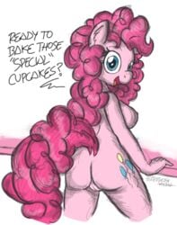 anthro ass blue_eyes breasts earth_pony equine female flutterthrash friendship_is_magic hasbro horse looking_at_viewer mammal my_little_pony nipples nude pink_hair pinkie_pie_(mlp) pony pussy sideboob solo straight_hair