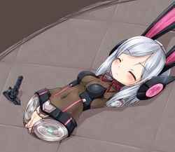 amputee android animal_ears black_jacket black_leotard breasts cleft_of_venus closed_eyes covered_navel dem_lepus_set dildo emil_chronicle_online female grey_hair huyusilver jacket leotard long_hair lying mechanical_ears medium_breasts neck_ribbon on_back open_clothes open_jacket pussy quadruple_amputee rabbit_ears red_ribbon ribbon sex_toy solo