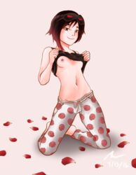 1girls 2017 artist_signature belly belly_bulge black_hair breasts clothing dated eunnie female flashing front_view kneeling looking_at_viewer mask naughty_face nipples on_knees one_breast_out pajamas pants petals pose presenting presenting_breast presenting_breasts red_hair rooster_teeth rose ross_pedals ruby_rose rwby shirt shirt_lift short_hair silver_eyes simple_background sleep_mask smile solo spread_legs teenager undressing