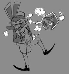 2017 anthro ass balls bite blush clothing female fur hair happie_(character) heart heavy_breathing lagomorph legwear mammal pepperchan pussy rabbit simple_background stockings sweat