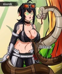 boobs_out bouncing_breasts breasts coiling coils female grace_howard hypnosis hypnotic_eyes jungle kaa peril snake solo solo_female striped striped_body stripes sweat sweatdrop sweating sweaty sweaty_body sweaty_breasts zenless_zone_zero zipper zipper_down zocorukii
