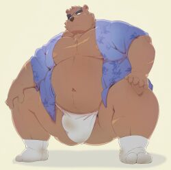 2026 anthro asian_clothing bear belly big_belly biped brown_body bulge clothed clothing crouching cute_fangs east_asian_clothing eye_patch eyebrows eyewear fangs fundoshi gouki_(the_spicy_ninja_scrolls) hi_res humanoid_hands japanese_clothing kemono male mammal momo_92698 musclegut muscular navel nipples open_clothing open_shirt open_topwear overweight overweight_male shirt simple_background solo teeth the_spicy_ninja_scrolls thick_eyebrows topwear underwear white_clothing white_fundoshi white_underwear