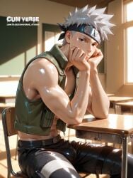 ai_generated bara big_balls big_butt big_penis bulge bulge_through_clothing classroom clothing gay gay_male hatake_kakashi kakashi_hatake naruto naruto_(classic) naruto_(series) naruto_shippuden sweat sweating sweaty yaoi