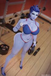 1girls 2025 3d alternate_body_type alternate_breast_size alternate_version_available amelie_lacroix arm_tattoo ass belly_tattoo blue_skin blue_skinned_female breasts choker choker_writing erect_nipples erect_nipples_under_clothes eyebrow_piercing female female_only full_body gigantic_breasts gym high_heels hoop_earrings huge_ass indoors nipple_bulge nude_version_available overwatch overwatch_2 piercing pokies shadowboxer solo standing sweatband tagme tattoo underwear underwear_only weights widowmaker yellow_eyes