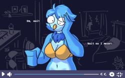 anthro avian bed big_breasts bird bra breasts clothing comic curvy_figure dracozhilla female furniture gesture hand_gesture handjob_gesture hi_res hourglass_figure humiliation martlet_(undertale_yellow) monochrome navel patreon penis_humiliation realization small_penis_humiliation smile solo suggestive suggestive_gesture text undertale_yellow underwear url wide_hips wings