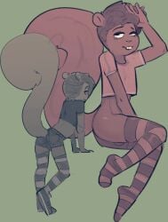 2024 anthro balls biped bottomwear buckteeth clothed clothing crop_top femboy footwear genitals green_background hair hi_res kev_(spincraze) long_socks male mammal raised_tail rodent sciurid shirt shoes short_hair shorts simple_background skimpy solo spincraze suggestive_pose tail teeth topwear tree_squirrel