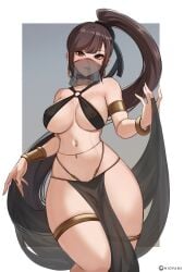 belly_chain belly_dancer belly_dancer_outfit black_hair breasts brown_eyes dancer eve_(stellar_blade) female_only harem_girl harem_outfit hioyami huge_breasts loincloth long_hair navel navel_piercing o-ring pelvic_curtain piercing ponytail revealing_clothes smile solo stellar_blade thighlet veil voluptuous