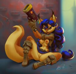 1girls 2017 animal_ears anthro anthrofied areola big_breasts blue_hair boots bottomless breasts brown_eyes canid canine canis carmelita_fox cleavage clothed clothing earring erect_nipples eyebrows eyelashes female female_only footwear fox fur furaffinity going_commando gun hair lipstick long_hair looking_at_viewer mammal nipples playstation pussy ranged_weapon red_lipstick shock_pistol shoes sif_(artist) sly_cooper_(series) smile smooth_fur solo sucker_punch_productions tail vagina video_games weapon