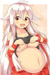 blush breasts chiya_(urara_meirochou) clothing cute_fang female lactation large_breasts navel nipples pregnant ready_to_pop red_eyes shirt_lift shishi0748 smile solo urara_meirochou white_hair