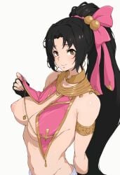 amber_eyes black_hair blush dancer_outfit fire_emblem fire_emblem:_thracia_776 gold_jewelry lara_(fire_emblem) large_breasts lifting_shirt looking_at_viewer nipples ponytail ribbon_in_hair tagme_(artist)