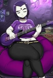 ai_generated ass ass bean_bag belt big_ass big_breasts booty breasts breasts breasts cleavage dc dc_comics guitar hips huge_ass huge_breasts jeans lubbasdump massive_ass massive_breasts midriff playing_guitar purple_hair raven_(dc) sitting thick_thighs thighs wide_hips