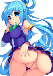 anus aqua_(konosuba) ass ass_grab bangs blue_eyes blue_hair bow breasts censored clitoris cowboy_shot dat_ass detached_sleeves erect_nipples female grabbing_own_ass hair_rings kono_subarashii_sekai_ni_shukufuku_wo! long_hair looking_back mikan_(bananoha) mosaic_censoring no_panties open_mouth pointless_censoring pussy simple_background solo white_background