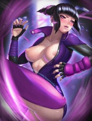 1girls areolae ass bangs black_hair blunt_bangs blush bodysuit breasts breasts_out capcom chaps cleavage collarbone drill_hair eyelashes eyeliner female female_only fighting_stance fingerless_gloves gloves highres human juri_han large_breasts long_hair mayrel nail_polish navel nipple_slip nipples no_bra parted_lips pink_eyes puffy_nipples purple_nails sidelocks smile solo street_fighter street_fighter_v twin_drills unzipped zipper