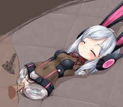 1boy amputee android animal_ears black_jacket black_leotard breasts censored closed_eyes covered_navel dem_lepus_set dildo emil_chronicle_online female grey_hair huyusilver jacket leotard long_hair lying mechanical_ears medium_breasts mosaic_censoring neck_ribbon on_back open_clothes open_jacket quadruple_amputee rabbit_ears red_ribbon ribbon sex sex_toy sleep_molestation vaginal_penetration