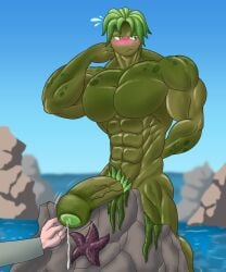 absurd_res animal_humanoid anthozoan anthozoan_humanoid anthro blush cnidarian cnidarian_humanoid disembodied_hand flameyverdantfire fondling_penis hi_res human humanoid male mammal marine marine_humanoid muscular muscular_anthro muscular_male nude sea sea_anemone sea_anemone_humanoid solo tide_pool water