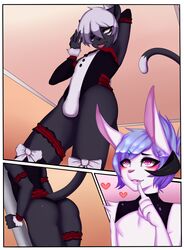 2016 2boys androgynous anthro ass black_fur bulge clothed clothing comic crossdressing duo feline femboy fur girly hi_res lagomorph legwear male mammal panther pole rabbit rokumaki rook_(greyrook) stripper stripper_pole thigh_highs tongue tongue_out trap