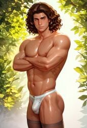 abs ai_generated ass ass big_ass big_butt black_thighhighs boy brown_hair bubble_ass bubble_butt bulge closed_mouth crossed_arms day hazel_eyes leaves looking_at_viewer male nylons outdoors panties panty_bulge plump_ass round_ass round_butt shiny shiny_skin solo stockings tallcallipygian tcallipygian thick_thighs thighhighs thighs tree underwear wet white_panties