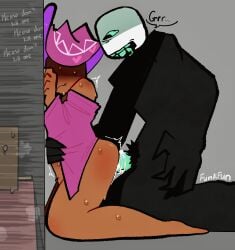 1boy 1girls artist_name backshots bottomless civilian_(die_of_death) cum cum_in_pussy cum_inside die_of_death_(roblox) english_text funkfun loveshot_(die_of_death) monster monster_cock on_knees penis pursuer_(die_of_death) roblox roblox_game robloxian self_upload side_view sweat sweating tagme text thighs