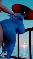 2025 3d 3d_animation 3d_render alien_girl blue_skin blush doggy_style dominant_male hat holding_arms_behind_back human_male nipples paperbarsfm sea sex sky sun tagme thick_thighs video