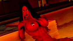 3d 3d_(artwork) 3d_model 3d_render abs antihero antiheroine bath betty_ross black_hair black_lipstick doom4rus full_naked marvel marvel_comics naked naked_female red_body red_light red_she-hulk red_skin red_skinned_female sitting_in_water water yellow_eyes