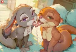 2girls after_oral ai_generated bed bedroom bedroom_eyes blue_eyes bunny_ears bunny_girl bunny_tail cum cum_in_mouth cum_on_tongue female female_focus female_only green_eyes judy_hopps kissing looking_at_viewer lucakp mrs._otterton otter otter_tail patreon patreon_link patreon_logo patreon_reward patreon_url patreon_username seductive seductive_look tagme tongue tongue_out wink zootopia