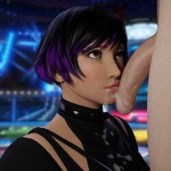 1boy 1girls 3d 3d_(artwork) 3difill after_fellatio asian_female bandai_namco black_and_purple_hair breasts clothed_female_nude_male clothes collar cum cum_in_mouth cum_on_breasts cum_on_chin cum_on_face detailed_background female flaccid_penis light-skinned_female light-skinned_male male naked naked_male namco nude nude_male penis purple_eyes reina_mishima short_hair tekken tekken_8 unseen_male_face