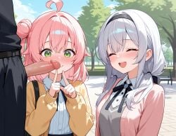 2girls age_difference ai_generated exhibitionism exhibitionist exposed_penis laugh laughing laughing_at laughing_at_another looking_at_penis penis_out penis_out_of_pants pink_hair school_girl school_uniform schoolgirl showing_penis size_play size_talk small_penis smiling smiling_at_penis teen teen_girl teenage teenage_girl teenager two_girls young young_female younger_female