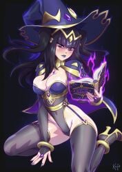 alternate_costume artist_name black_background black_hair blunt_bangs blush book bracelet breasts bridal_gauntlets cape cg cleavage covered_navel female fire_emblem grimoire hat high_heels highleg holding holding_book jewelry kajinman large_breasts leotard long_hair looking_at_viewer magic makeup nail_polish open_book purple_eyes solo tharja_(fire_emblem) thighhighs two_side_up witch witch_hat