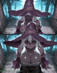 ai_art ai_assisted ai_generated bare_shoulders breasts cleavage collarbone comic dark-skinned_female dark_skin detached_sleeves dress elden_ring elden_ring_nightreign female forest fromsoftware hair_between_eyes hat large_breasts long_hair looking_at_viewer nature oujisan outdoors patreon patreon_url patreon_username recluse_(elden_ring) recluse_(nightreign) red_eyes shaded_face shiny shiny_skin smile tagme white_hair witch witch_hat