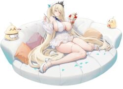 azur_lane bare_shoulders bird black_background blonde_hair blush breasts cake cg cleavage closed_eyes couch detached_sleeves dress feet female flower food fork fruit full_body hair_ornament hat high_heels holding holding_fork holding_spoon huge_breasts legs long_hair official_alternate_costume official_art painlevé_(azur_lane) painlevé_(fresh_and_fortunate)_(azur_lane) parfait parted_lips pillow sandals see-through see-through_sleeves short_dress sideboob simple_background sitting skindentation solo spoon strawberry thigh_strap thighs toes twintails very_long_hair wariza white_dress white_footwear white_headwear