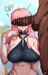 bar_censor breasts cakey cant_see_the_haters censored dark-skinned_male dark_skin english_text erect_penis erection hololive hololive_english hololive_myth huge_breasts light-skinned_female light_skin looking_at_penis mori_calliope outdoors penis pink_hair queen_of_spades spade_tattoo tattoo text virtual_youtuber
