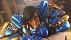 1boy 1girls 3d animated black_hair cum cum_on_face cum_out_nose dark-skinned_female dark_skin empathetic-one erection facial fellatio female interracial light-skinned_male light_skin looking_at_viewer male no_sound oral overwatch penis pharah pov source_filmmaker straight video