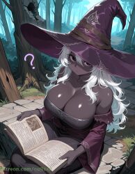 ? ai_art ai_assisted ai_generated bare_shoulders black_dress book breasts cleavage dark-skinned_female dark_skin detached_sleeves dress elden_ring elden_ring_nightreign female forest fromsoftware hair_between_eyes hat holding holding_book large_breasts long_hair looking_at_viewer nature open_book oujisan outdoors patreon patreon_url patreon_username recluse_(elden_ring) recluse_(nightreign) sitting solo tagme tree watermark white_hair witch witch_hat