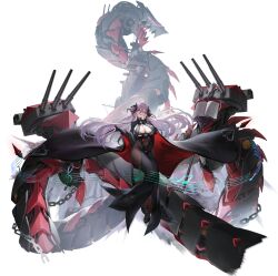 azur_lane black_background black_dress black_footwear black_gloves bodystocking breasts cannon cape cg chains cleavage clothing_cutout covered_navel dress female friedrich_carl_(azur_lane) full_body glasses gloves hair_between_eyes hair_over_one_eye high_heels holding horns large_breasts long_hair looking_at_viewer mole musical_note official_art pantyhose pointy_ears purple_hair red_eyes rigging simple_background smile solo turret very_long_hair