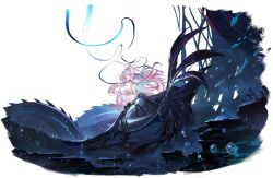 air_bubble arms_up azur_lane black_background blue_eyes breasts bubble cg cleavage female fins fish floating_hair full_body ganj-i-sawai_(azur_lane) ganj-i-sawai_(mermaid_in_distress)_(azur_lane) head_fins large_breasts long_hair looking_at_viewer merfolk mermaid monster_girl navel official_art pink_hair rock scales shell sitting solo underwater very_long_hair water