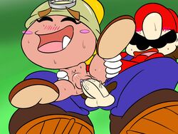 armor blonde_hair blush fangs female goomba goombella helmet human male mammal mario mario_(series) nintendo nude open_mouth paper_mario penetration penis ponytail pussy sex simple_background straight thunderfap tied_hair vaginal_penetration