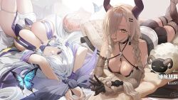 2girls :p arms_up ass azur_lane bare_shoulders black_gloves black_skirt blonde_hair blue_butterfly bound bound_wrists braid breasts bug butterfly cg cleavage dark-skinned_female dark_skin earrings female fishnet_gloves fishnets gloves hair_ornament hair_over_one_eye hairclip horns jewelry large_breasts long_bangs long_hair looking_at_viewer lying mole mole_under_mouth multiple_girls official_art on_back on_stomach owari_(azur_lane) sheep skindentation skirt smile thigh_strap thighhighs thighs tongue tongue_out twin_braids unzen_(azur_lane) very_long_hair white_hair
